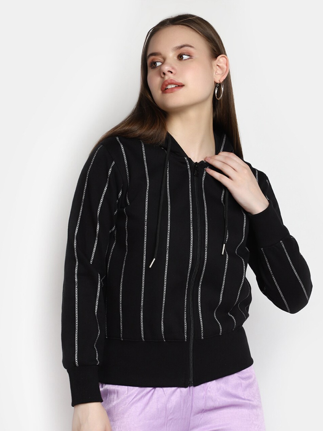 

V-Mart Striped Front-Open Hooded Cotton Sweatshirt, Black