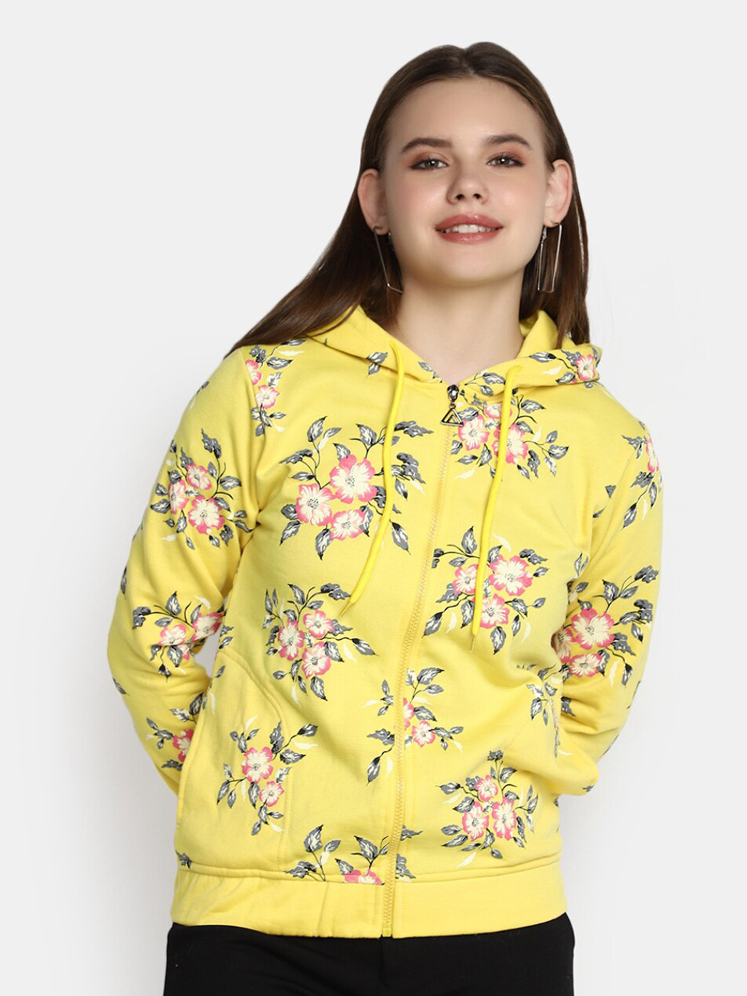 

V-Mart Floral Printed Long Sleeves Hooded Fleece Front-Open Sweatshirt, Yellow