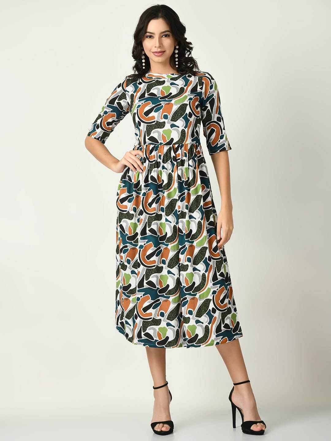 

RIYA Abstract Printed Gathered Or Pleated A Line Midi Dress, Teal