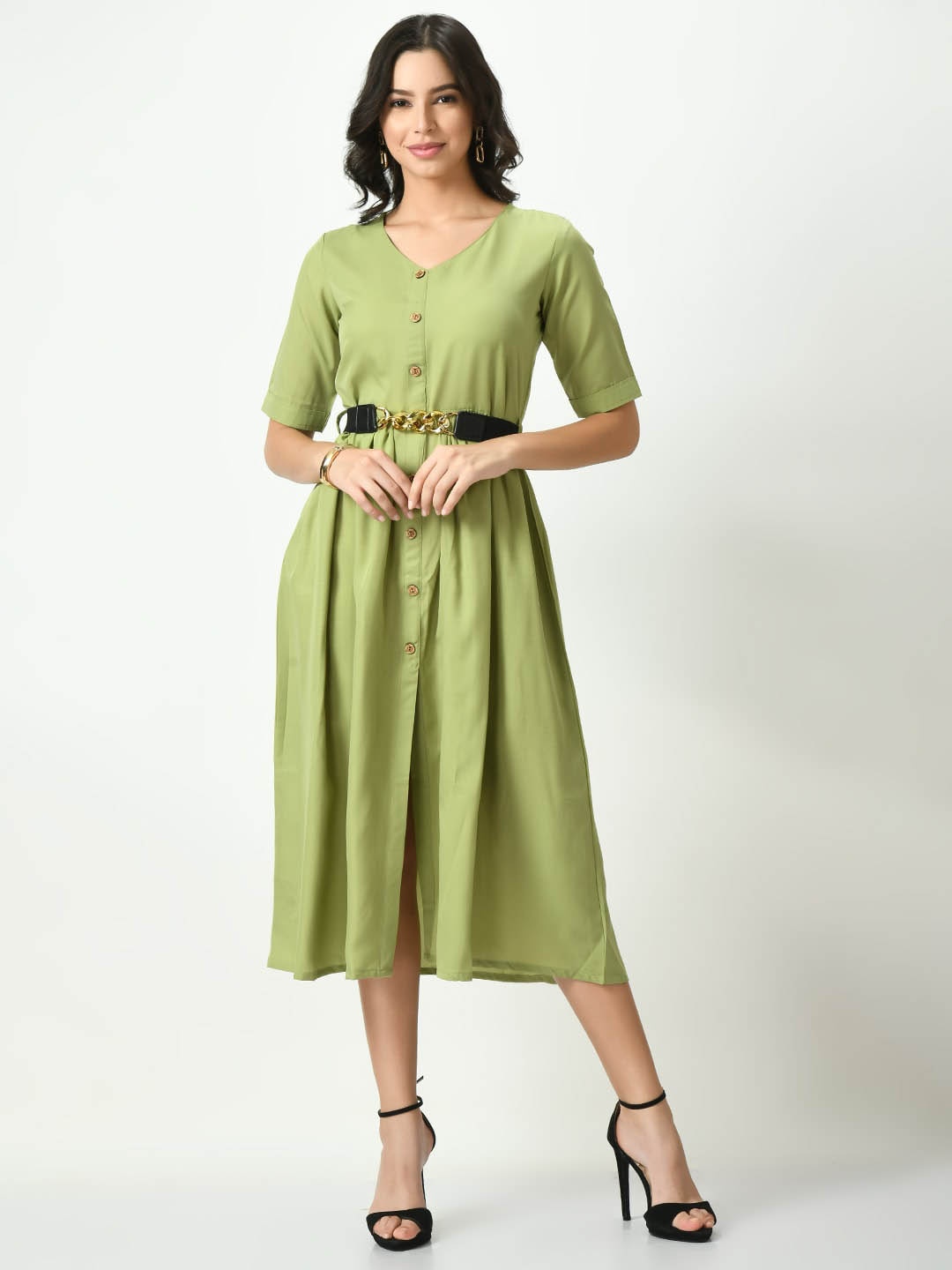 

RIYA Olive Green Crepe Fit & Flare Midi Dress