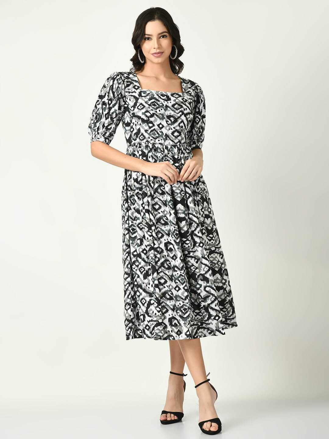 

RIYA Abstract Printed Fit & Flare Dress, Black