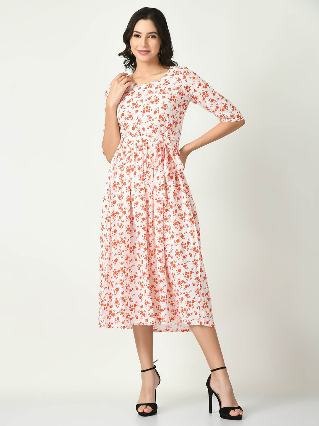 

RIYA White Floral Print Fit & Flare Midi Dress