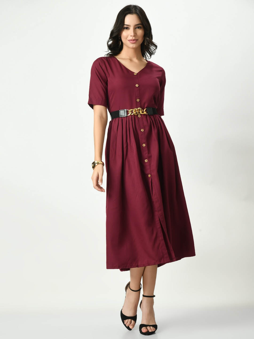 

RIYA Belted A Line Midi Dress, Burgundy