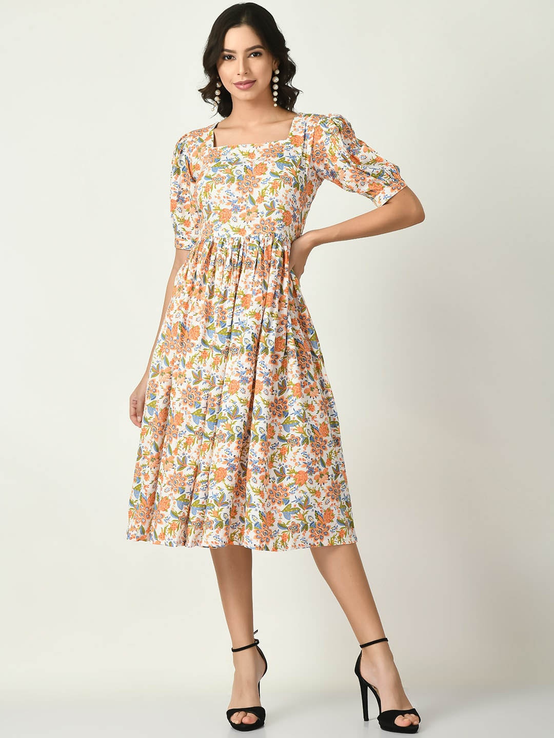 

RIYA White Floral Print Puff Sleeve Fit & Flare Midi Dress