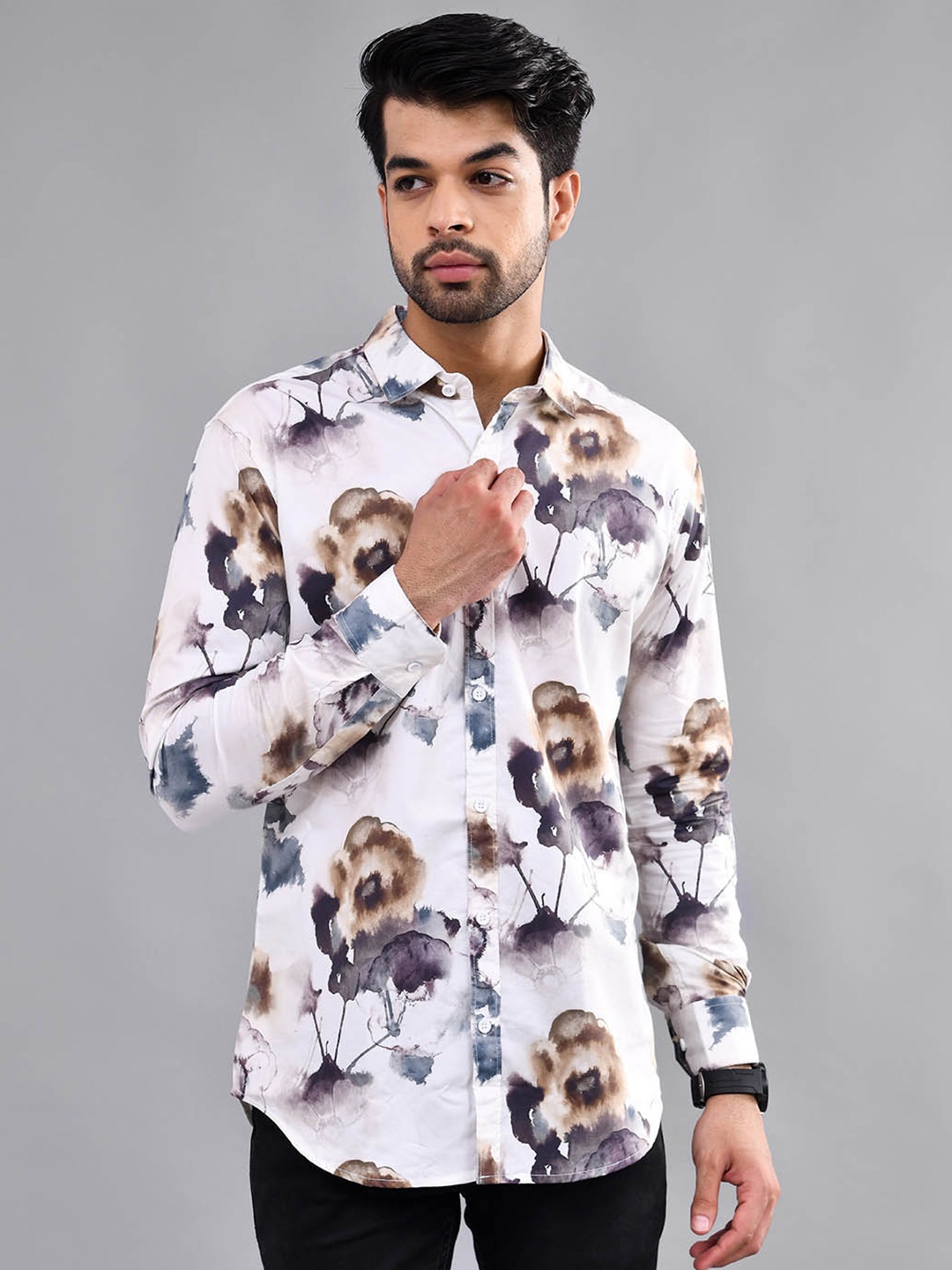 

DEZANO Modern Floral Printed Cotton Casual Shirt, White