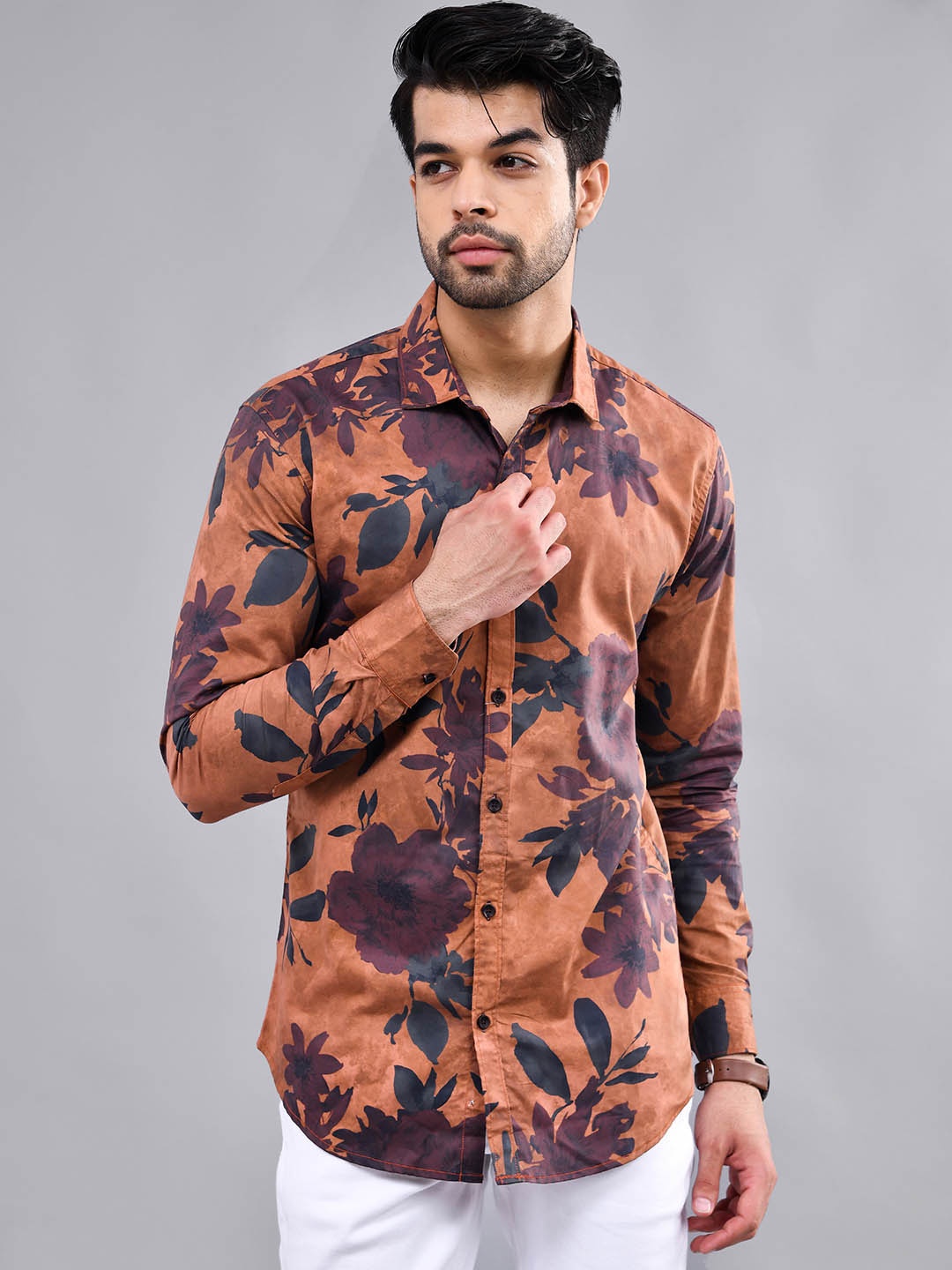 

DEZANO Modern Floral Printed Cotton Casual Shirt, Brown