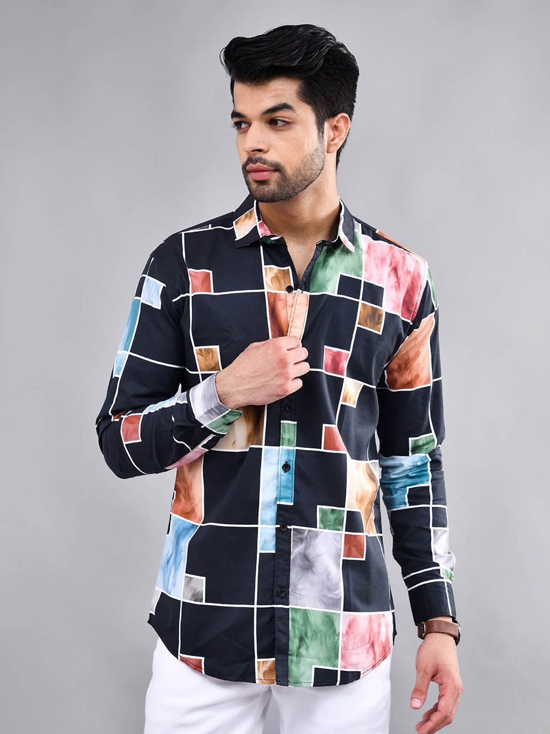 

DEZANO Modern Geometric Printed Cotton Casual Shirt, Black