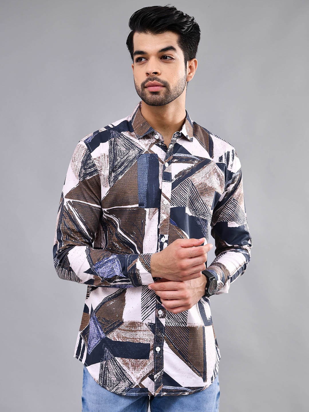 

DEZANO Modern Geometric Printed Cotton Casual Shirt, White