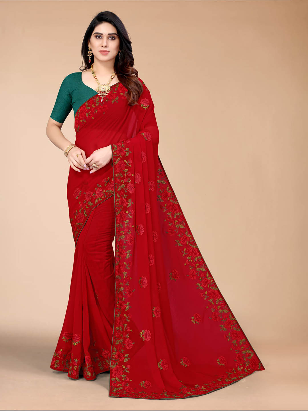 

ALAGINI Floral Embroidered Pure Georgette Saree, Red