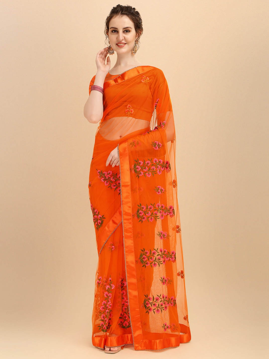 

ALAGINI Floral Embroidered Net Mangalagiri Saree, Orange