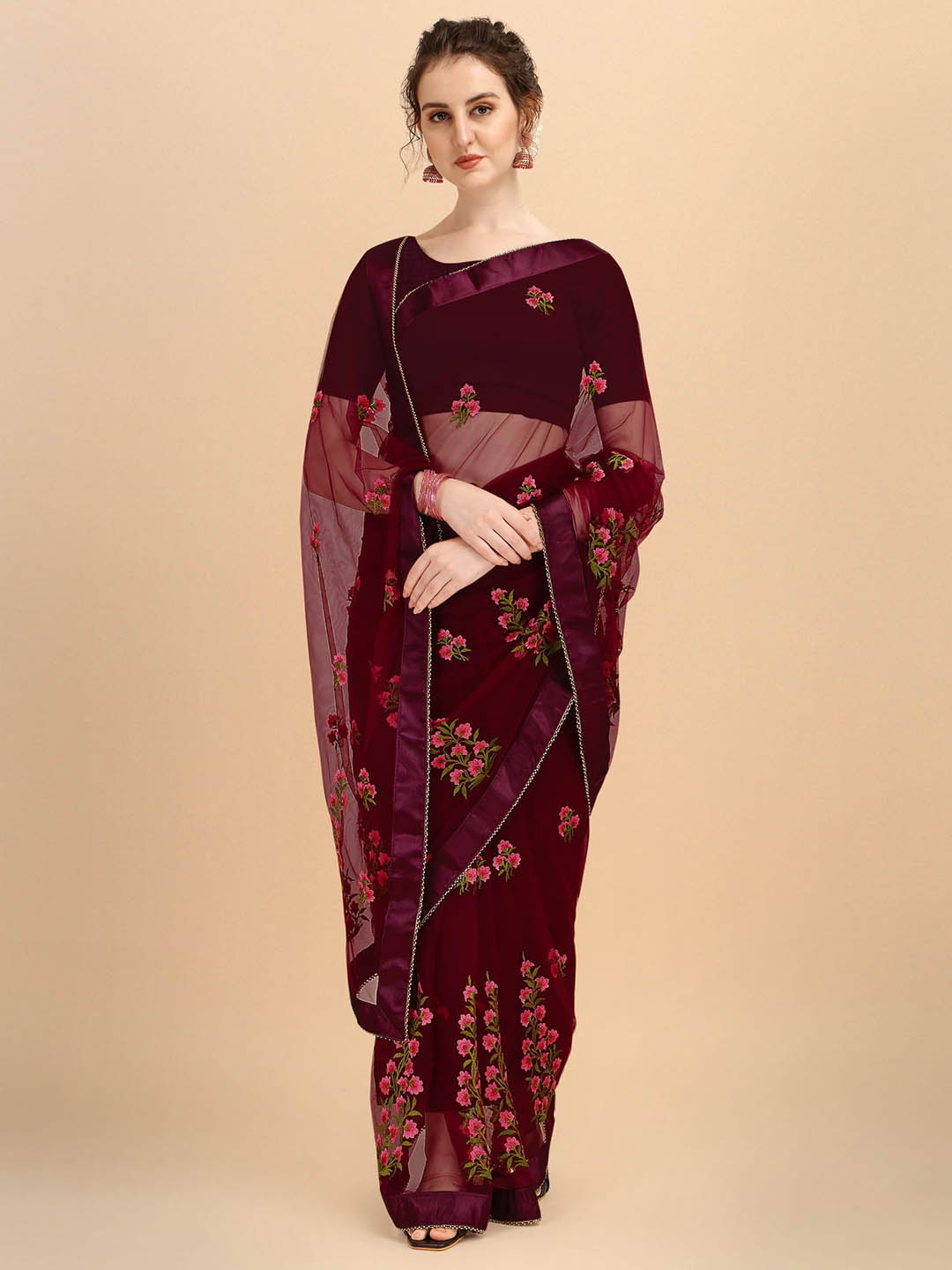 

ALAGINI Floral Embroidered Net Mangalagiri Saree, Maroon
