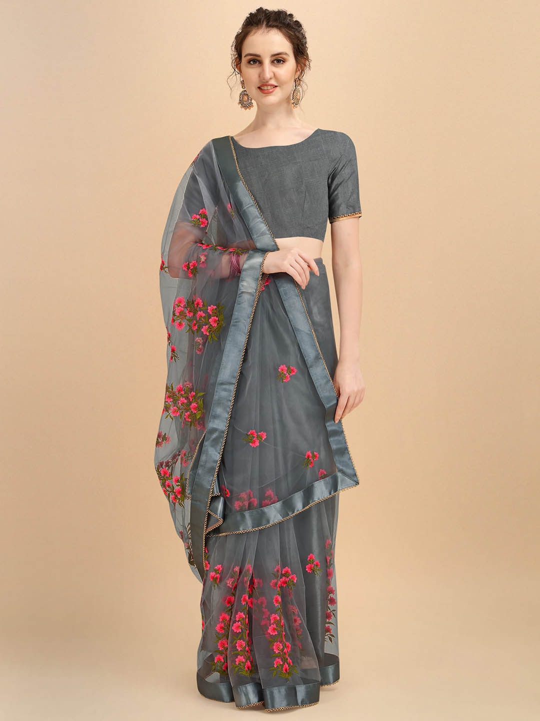 

ALAGINI Floral Embroidered Net Mangalagiri Saree, Grey
