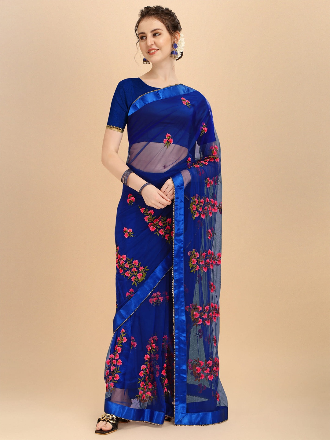 ALAGINI Floral Embroidered Net Mangalagiri Saree, Blue