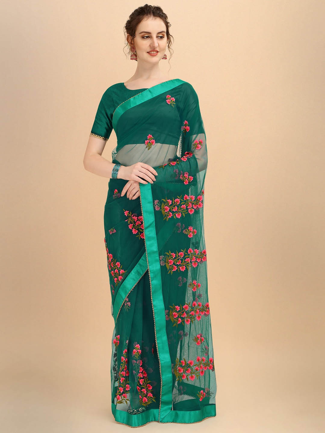 

ALAGINI Floral Embroidered Net Mangalagiri Saree, Green