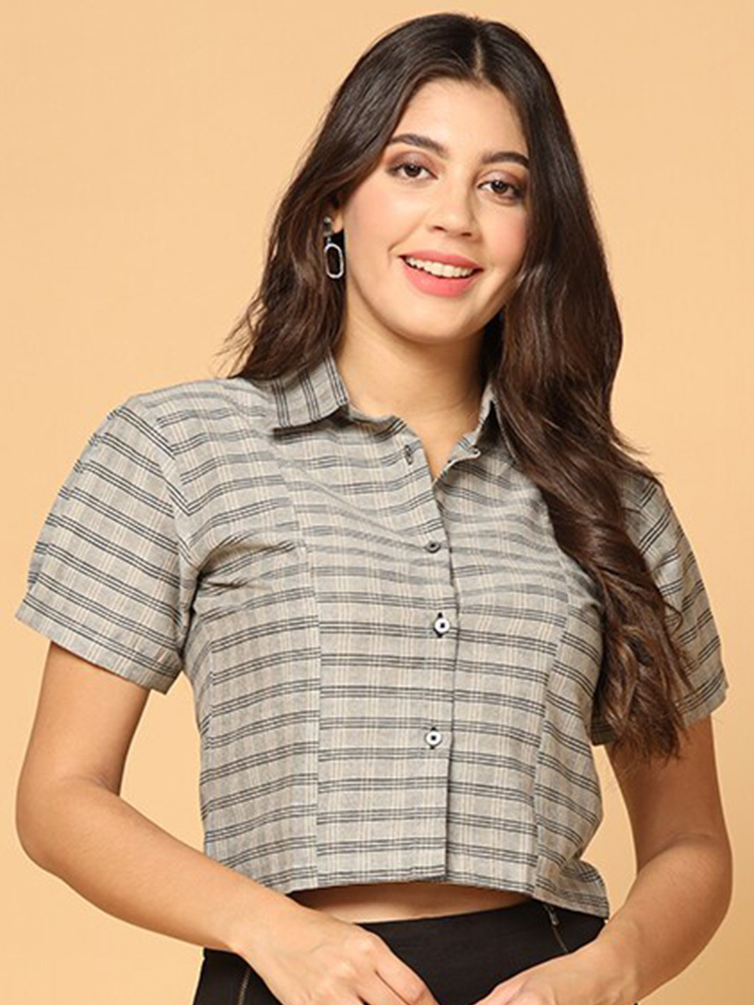 

FERY LONDON Checked Cotton Casual Crop Shirt, Brown