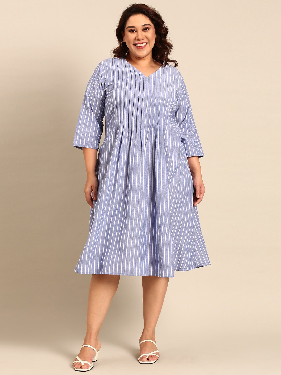 

The Pink Moon Plus Size Striped A Line Cotton Dress, Blue