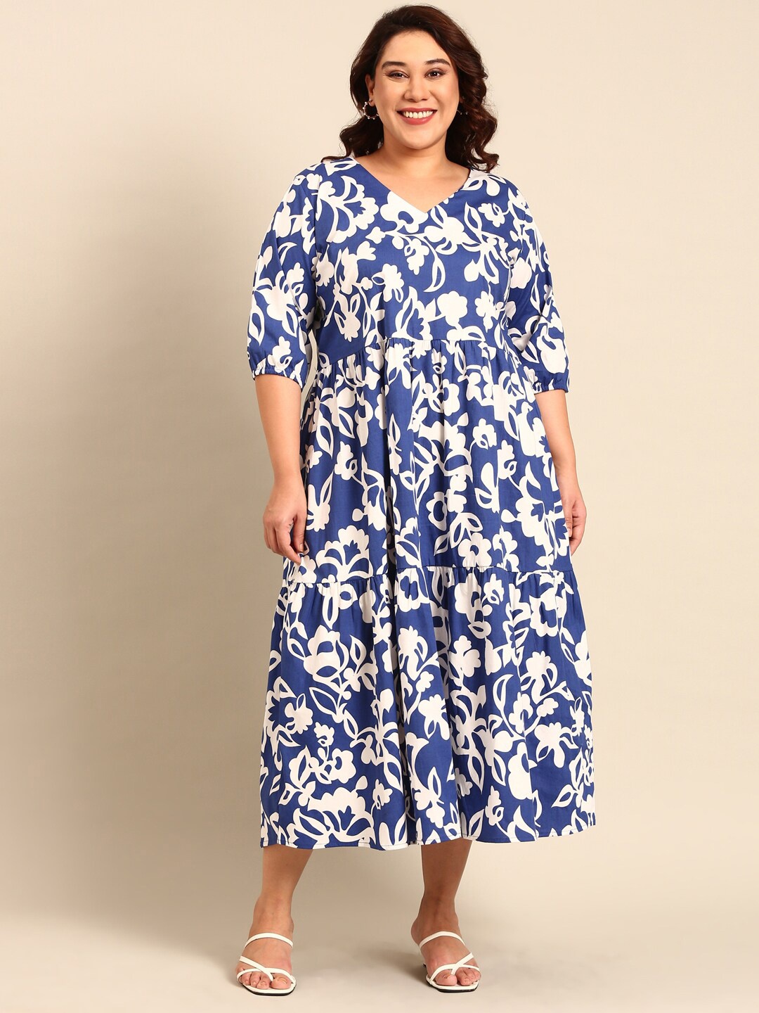 

The Pink Moon Plus Size Floral Printed Cotton A Line Dress, Blue