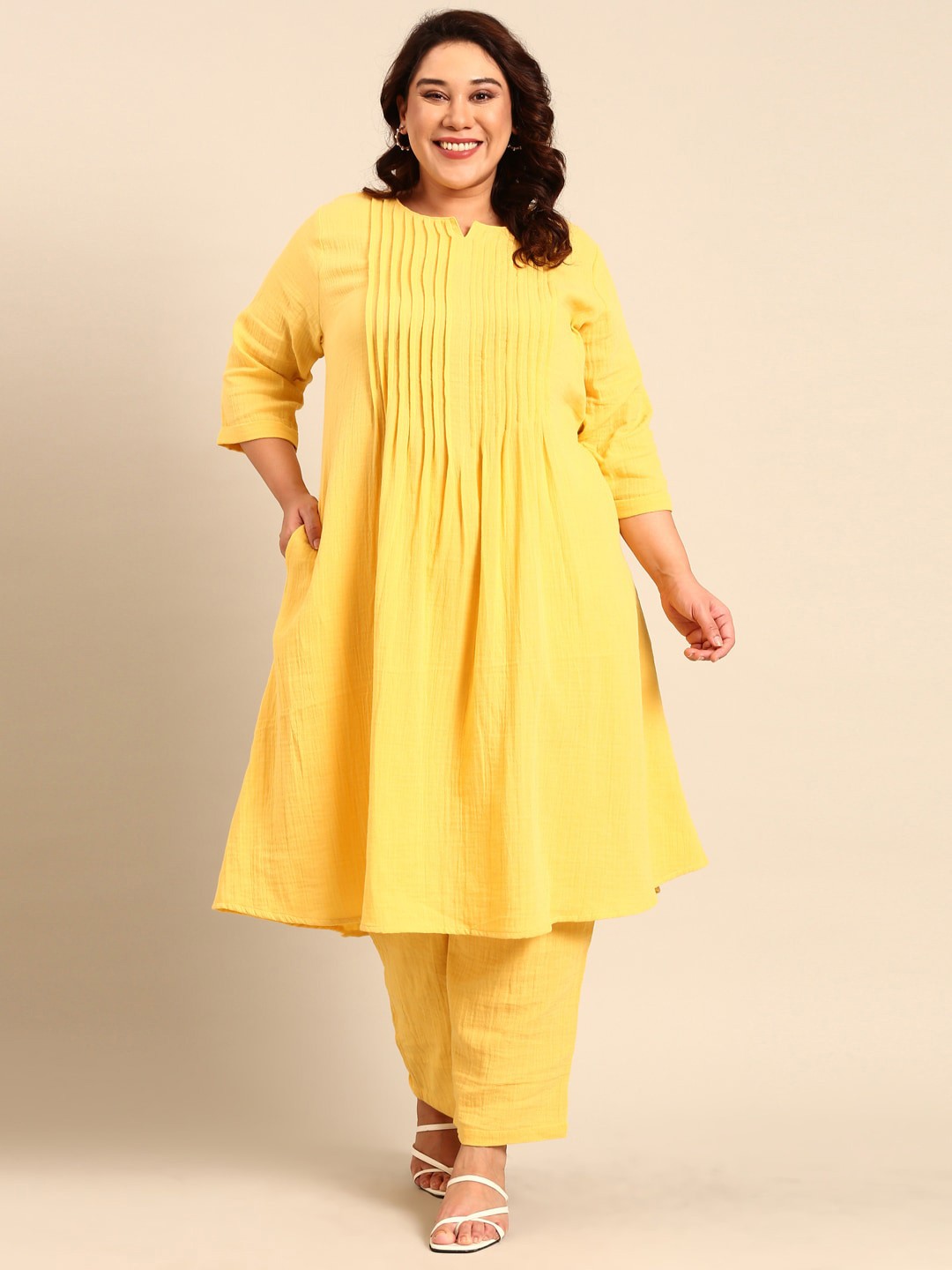 

The Pink Moon Plus Size Cotton A Line Kurta, Yellow