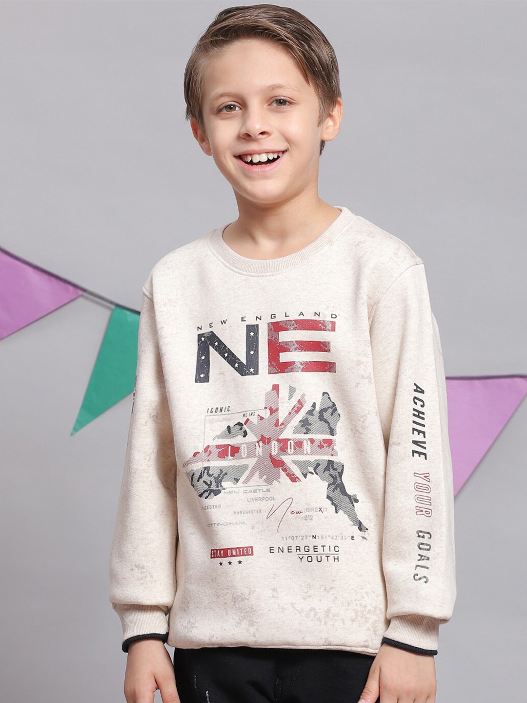 

Monte Carlo Boys Graphic Printed Round Neck Cotton Pullover Sweatshirt, Cream