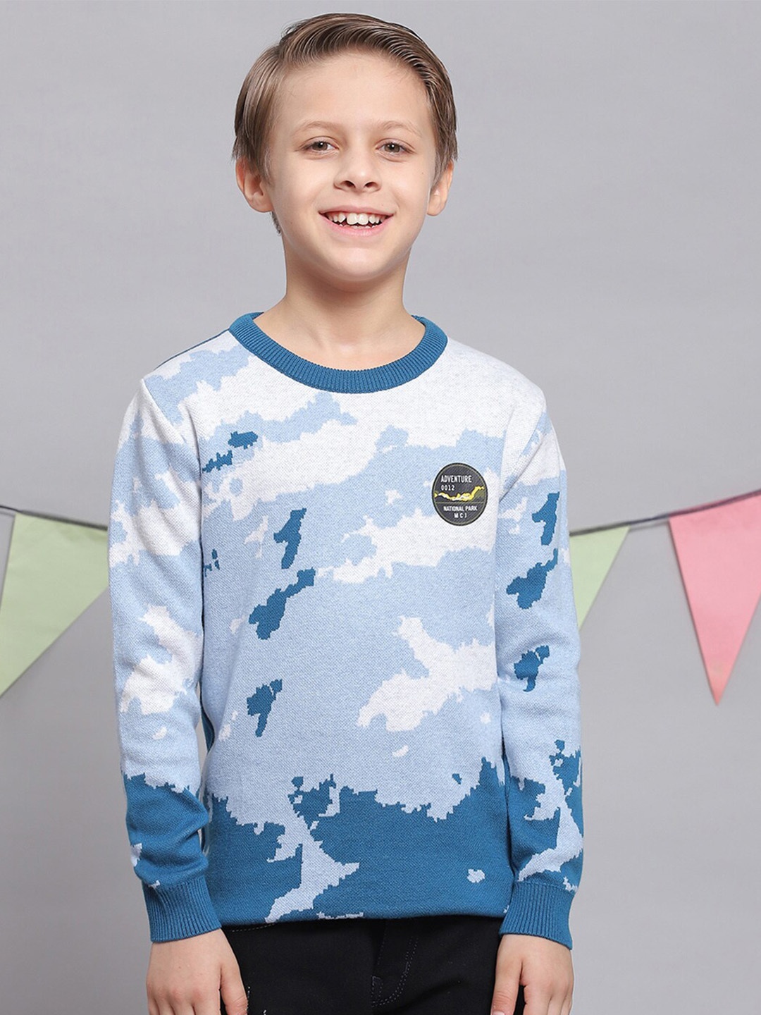 

Monte Carlo Boys Abstract Printed Ribbed Pure Cotton Pullover, Blue