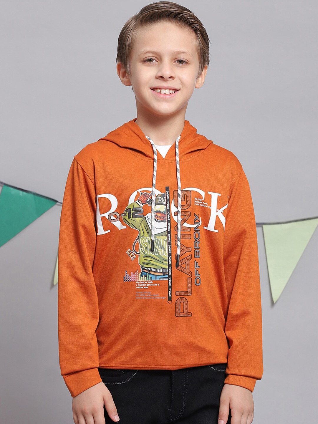 Monte Carlo Boys Graphic Printed Hooded Cotton T-shirt, Rust
