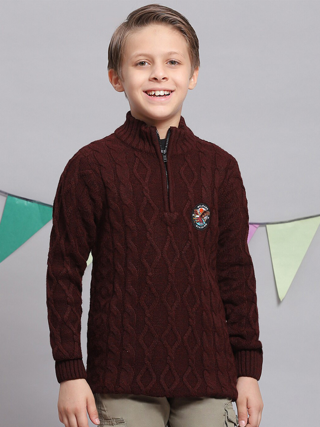 

Monte Carlo Boys Cable Knit Mock Neck Half Zipper Acrylic Pullover, Maroon