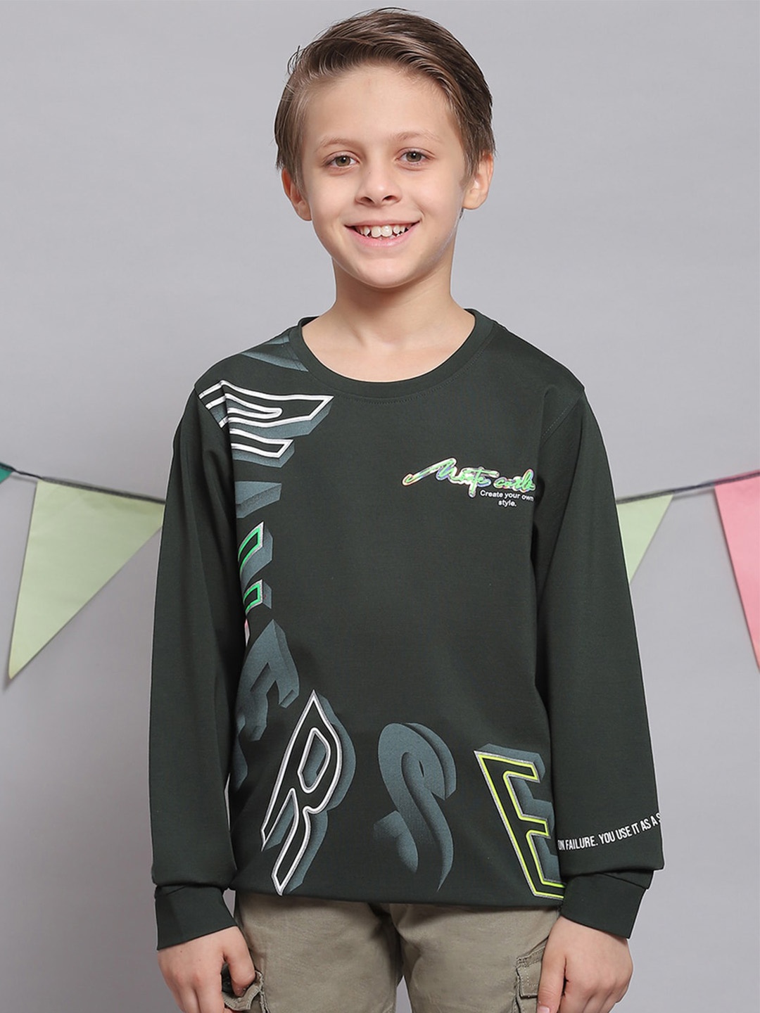 Monte Carlo Boys Typography Printed Cotton T-Shirt, Green