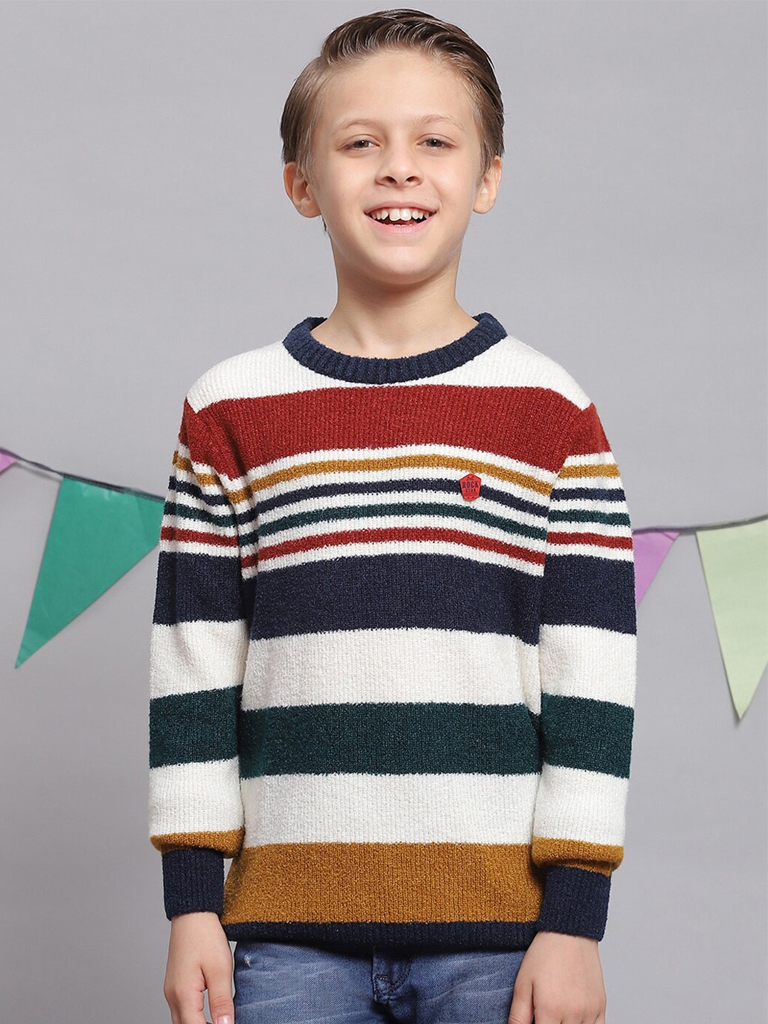 

Monte Carlo Boys Striped Round Neck Cotton Pullover, White