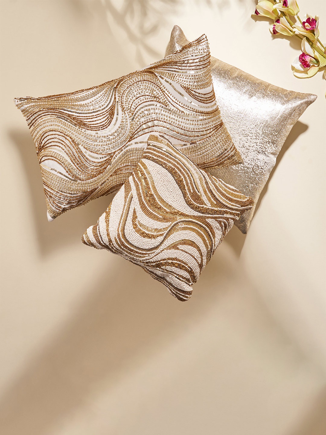 

Home Centre Gold-Toned Embellished Square Cushion Cover