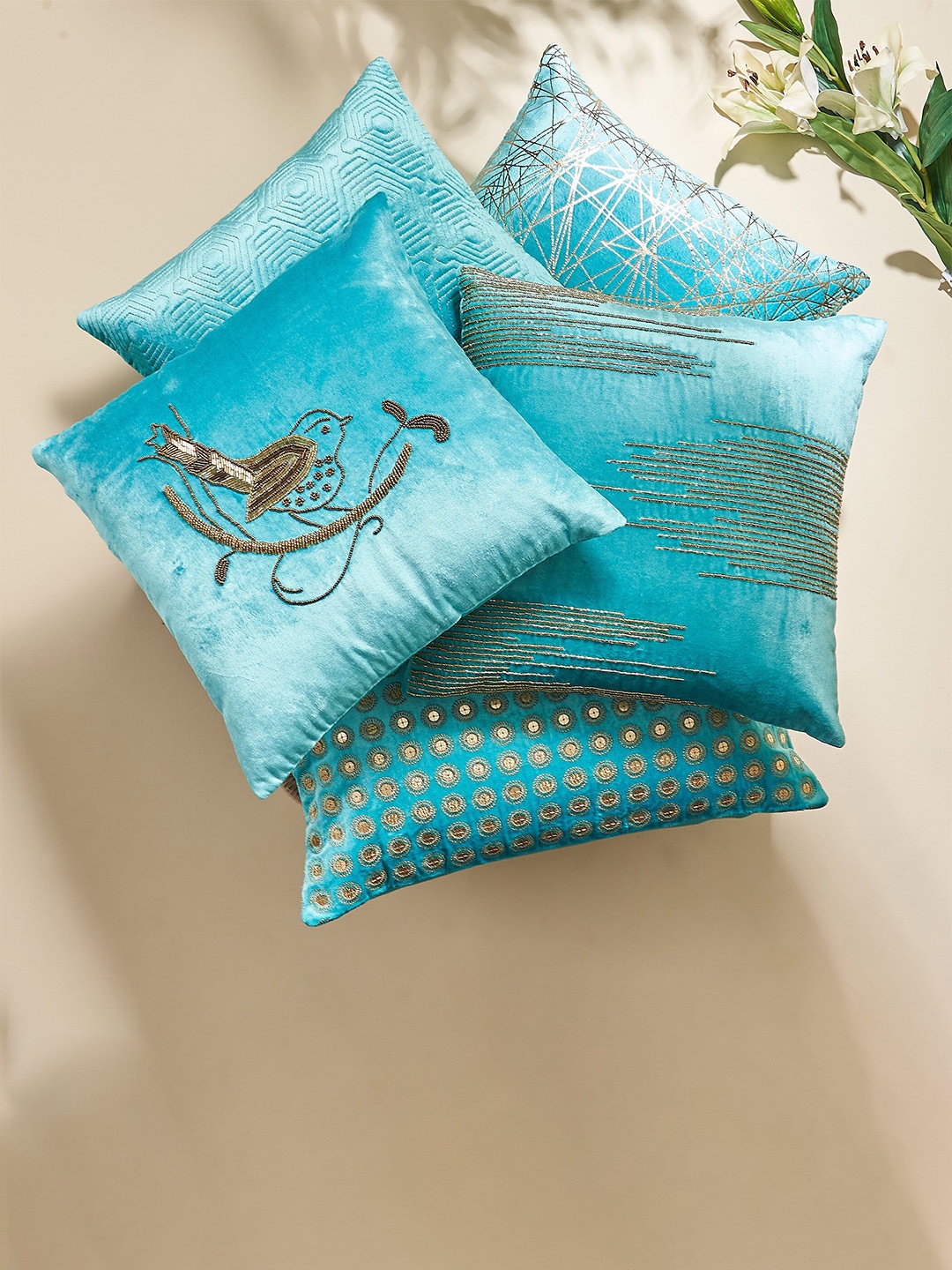 

Home Centre Vellum Teal & Gold-Toned Embellished Square Cushion Cover