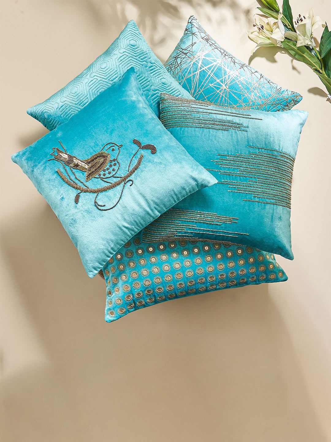 

Home Centre Teal & Gold-Toned Embellished Rectangle Cushion Cover