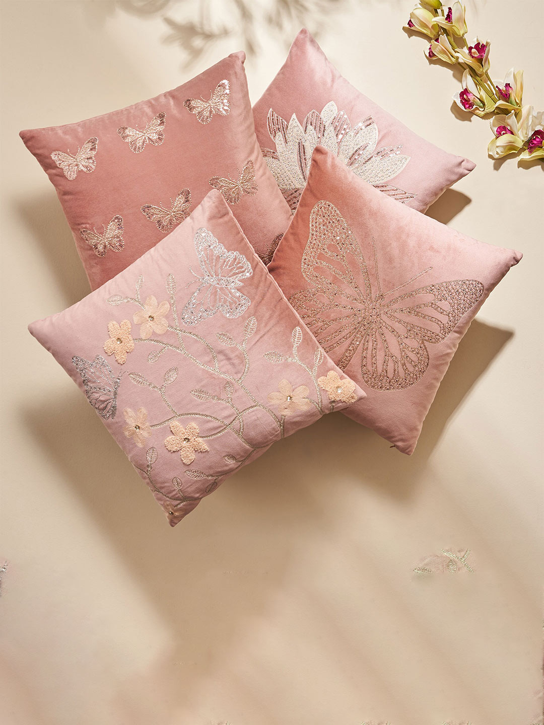 

Home Centre Extravagance Pink & Gold-Toned Embroidered Square Cushion Cover