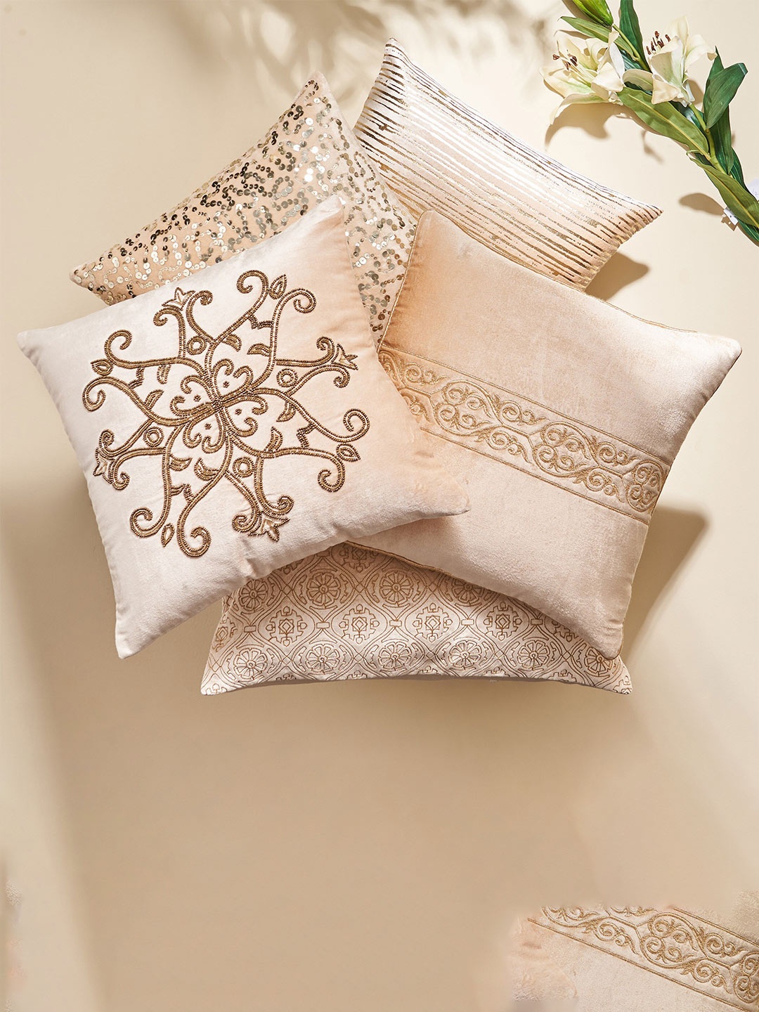 

Home Centre Vellum Beige & Brown Embroidered Rectangle Cushion Cover