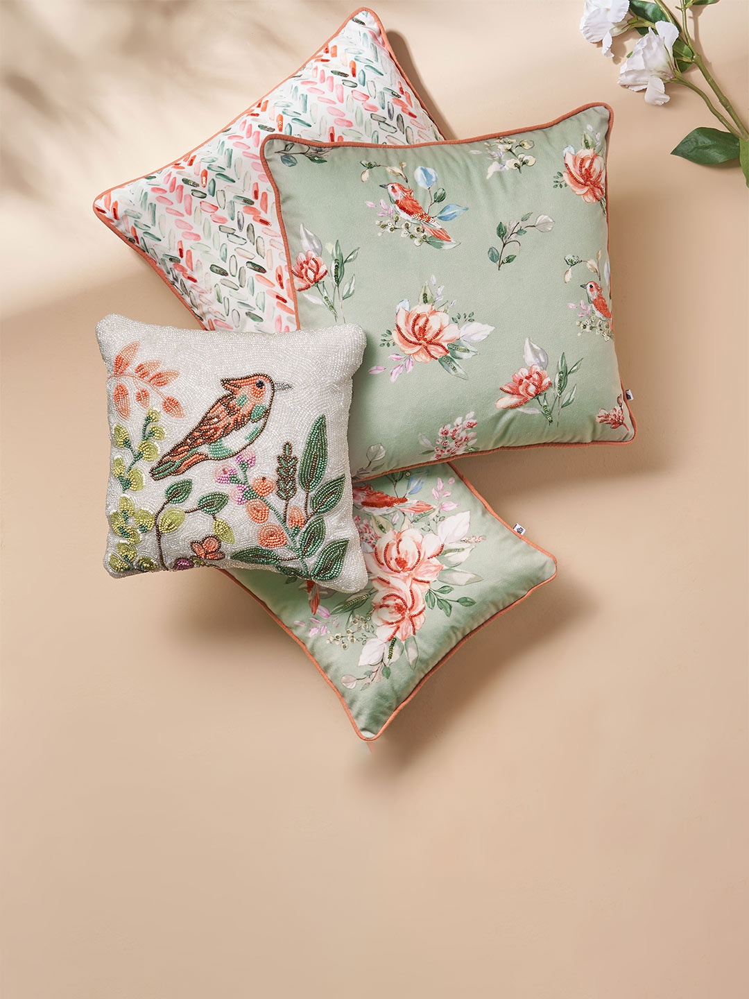 Home Centre Green & White Floral Square Cushion Cover