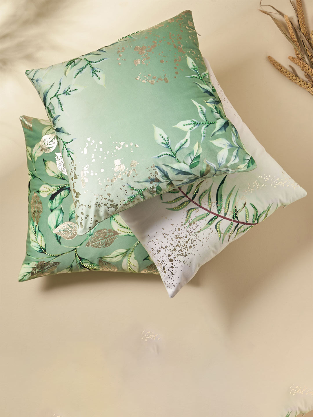 

Home Centre Lucent Mimosa Green & Gold-Toned Floral Embellished Square Cushion Cover
