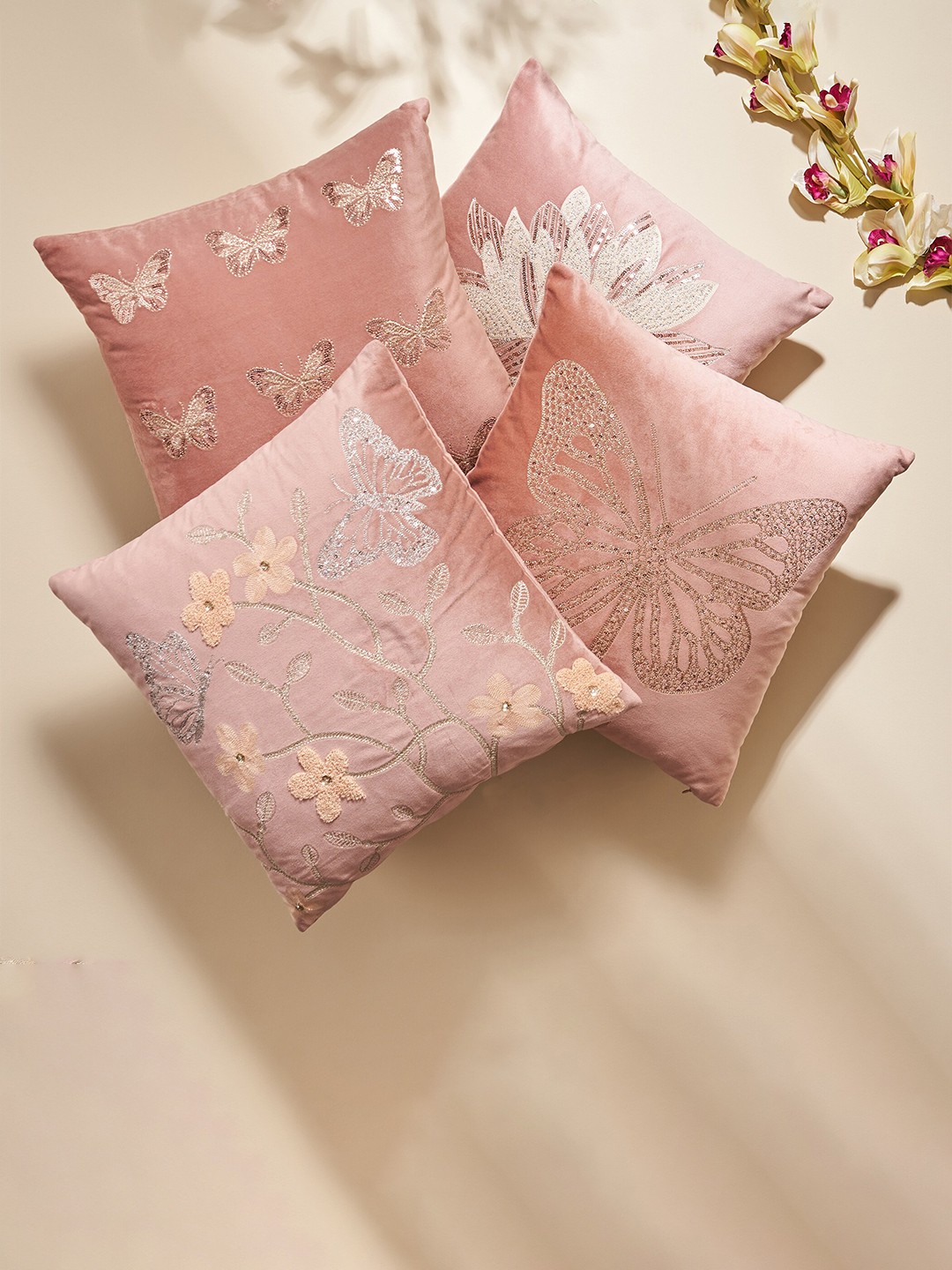 

Home Centre Peach-Coloured & White Embellished Square Cushion Cover