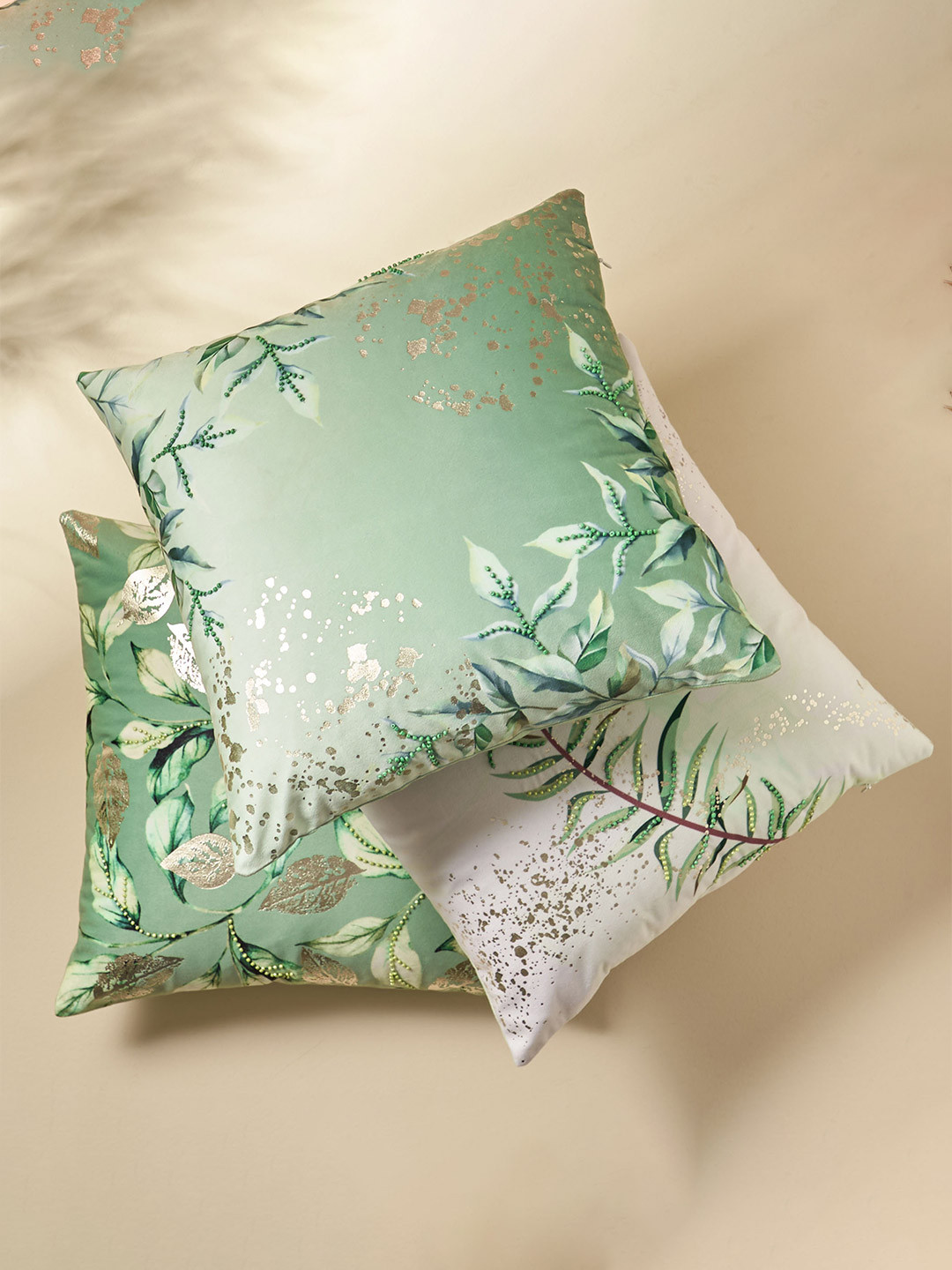 

Home Centre Lucent Sage Green & White Floral Embellished Square Cushion Cover