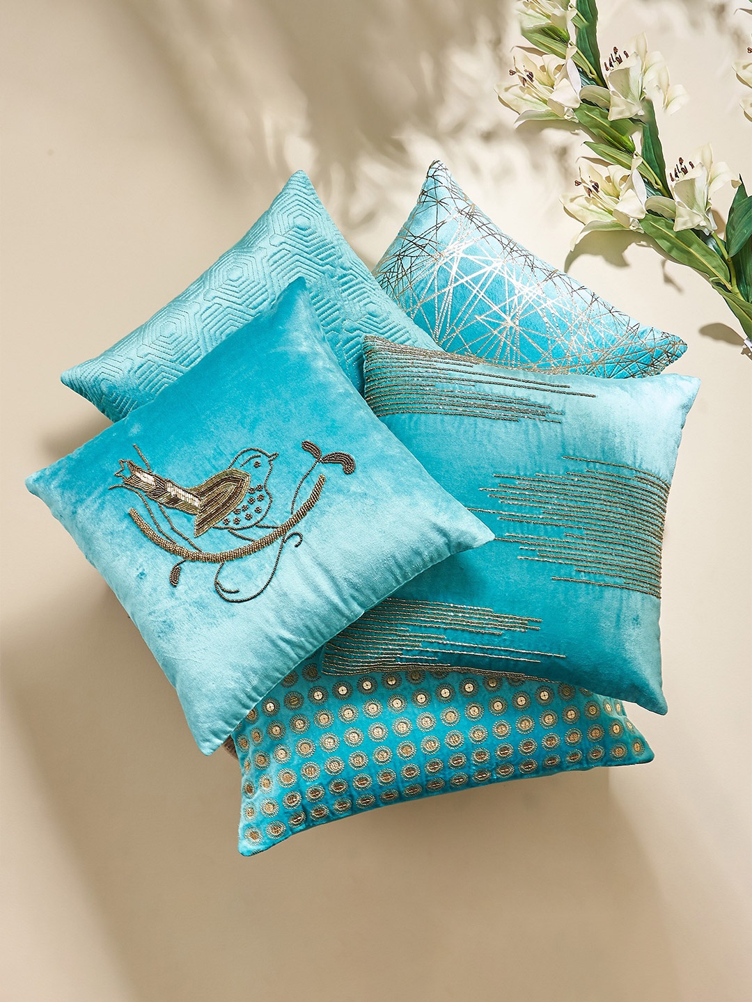 

Home Centre Vellum Teal & Gold-Toned Embellished Square Cushion Cover