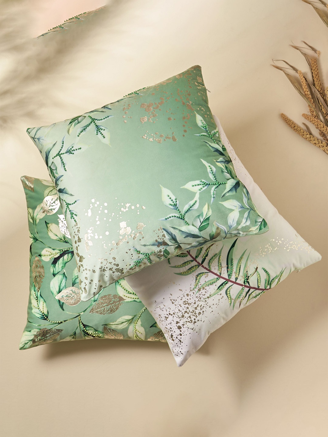 

Home Centre Green & White Embellished Square Cushion Cover