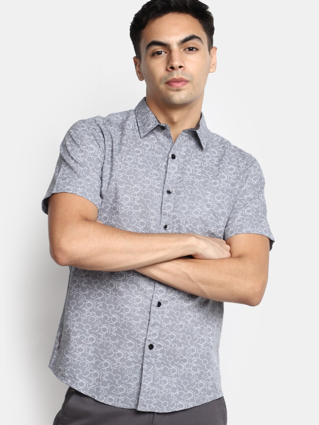 

V-Mart Slim Fit Geometric Printed Cotton Casual Shirt, Grey