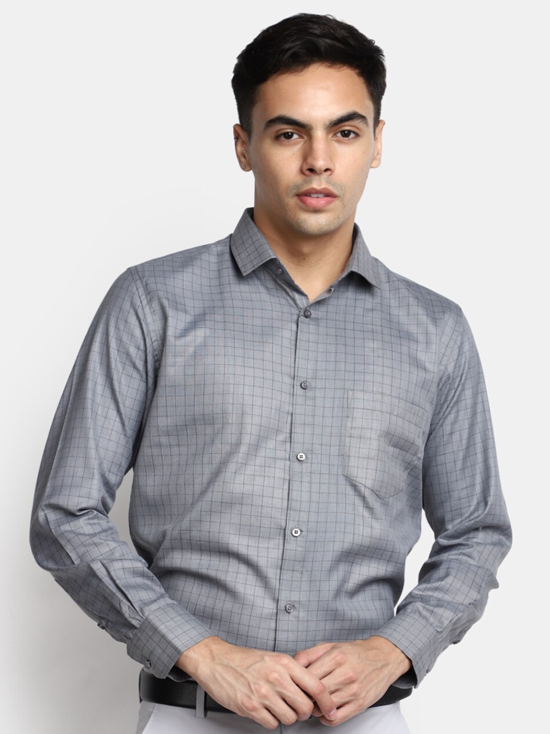 J White by Vmart Opaque Checked Formal Shirt, Grey