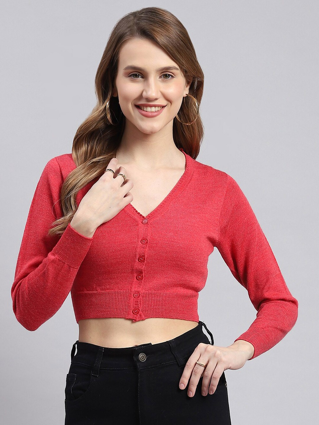 

Monte Carlo V-Neck Cropped Pure Woollen Cardigan, Coral