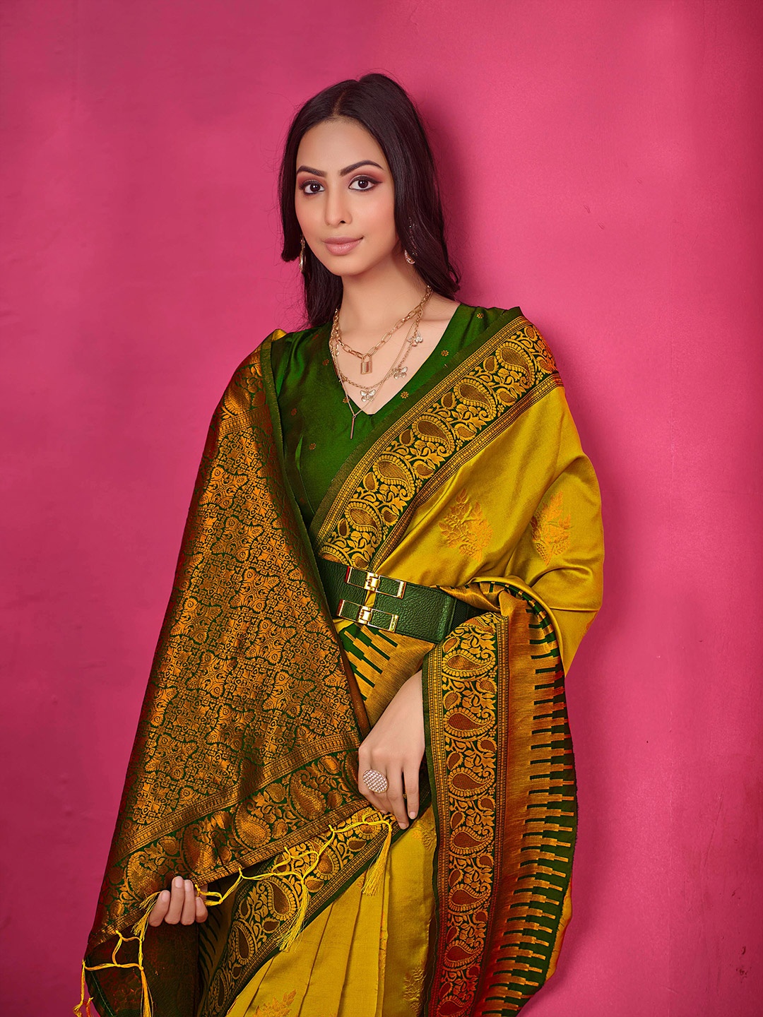 

Sangria Ethnic Motifs Woven Design Zari Saree, Mustard