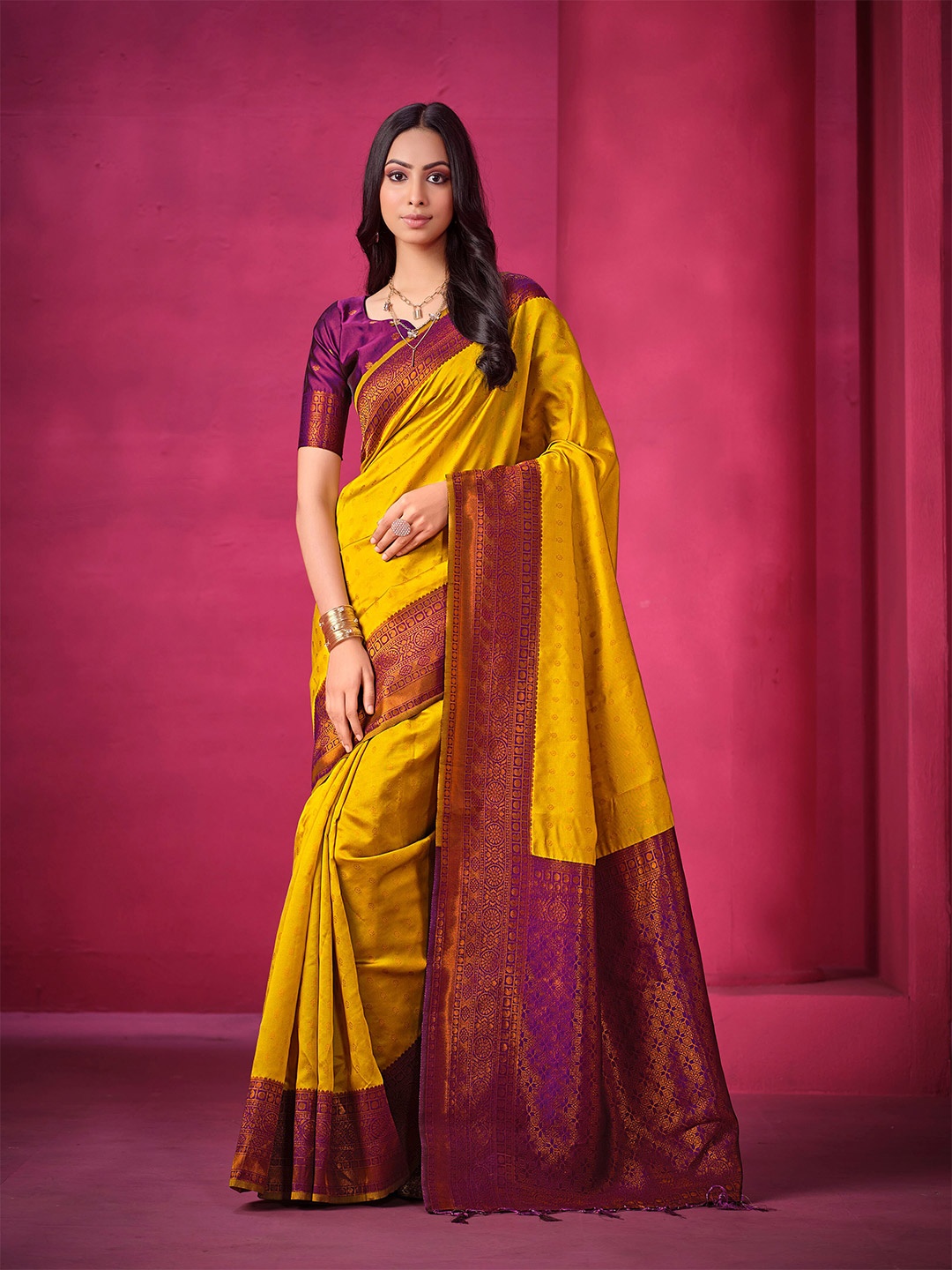 

Sangria Mustard Yellow Ethnic Motifs Woven Design Zari Detailed Saree