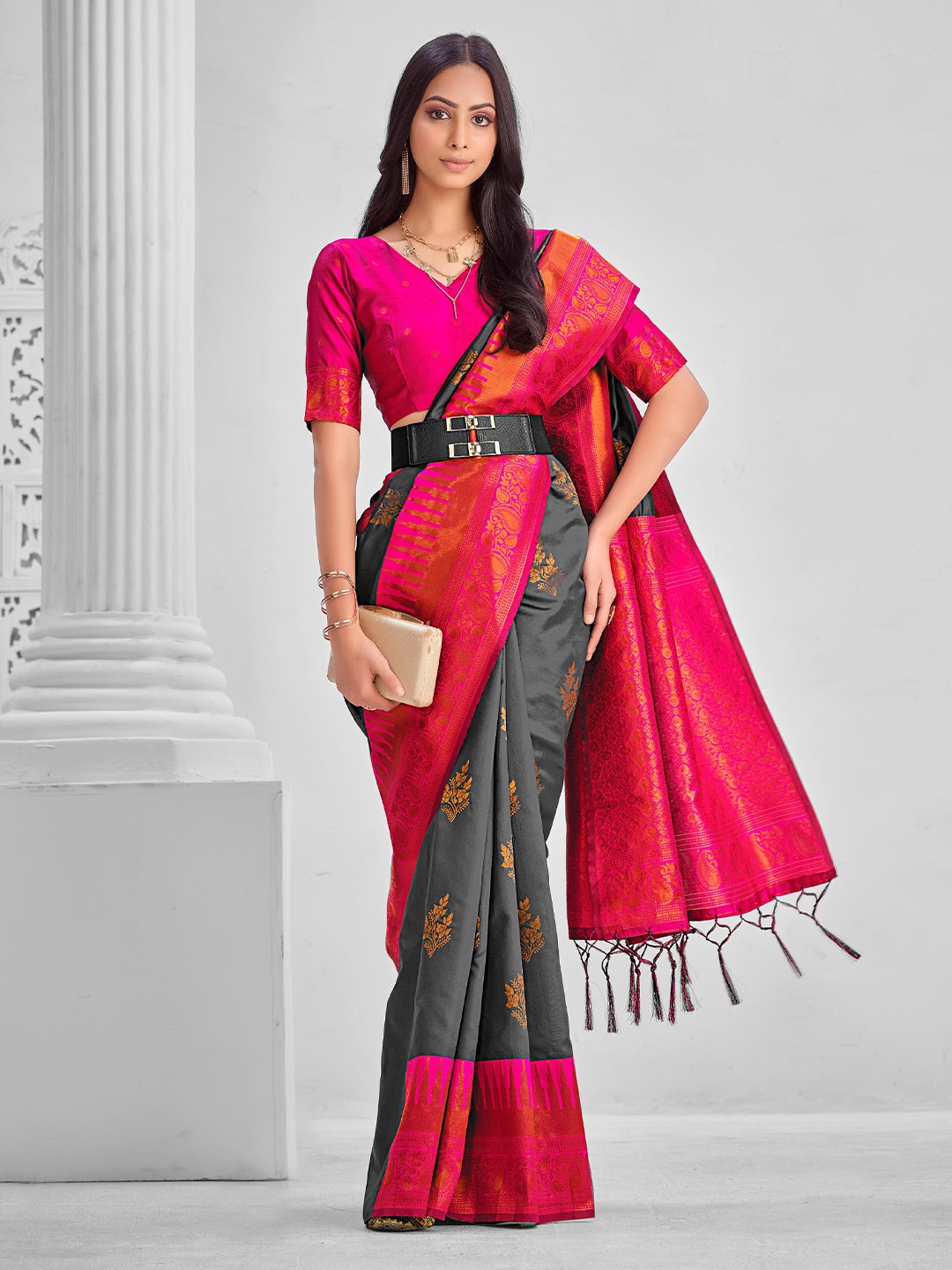 

Sangria Ethnic Motifs Woven Design Zari Saree, Grey