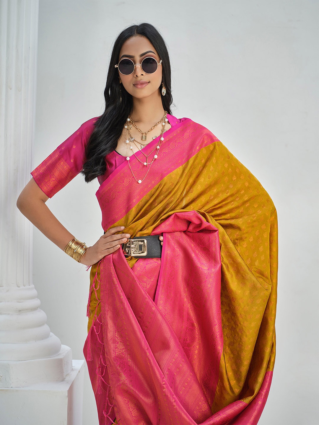Sangria Ethnic Motifs Woven Design Zari Saree, Mustard
