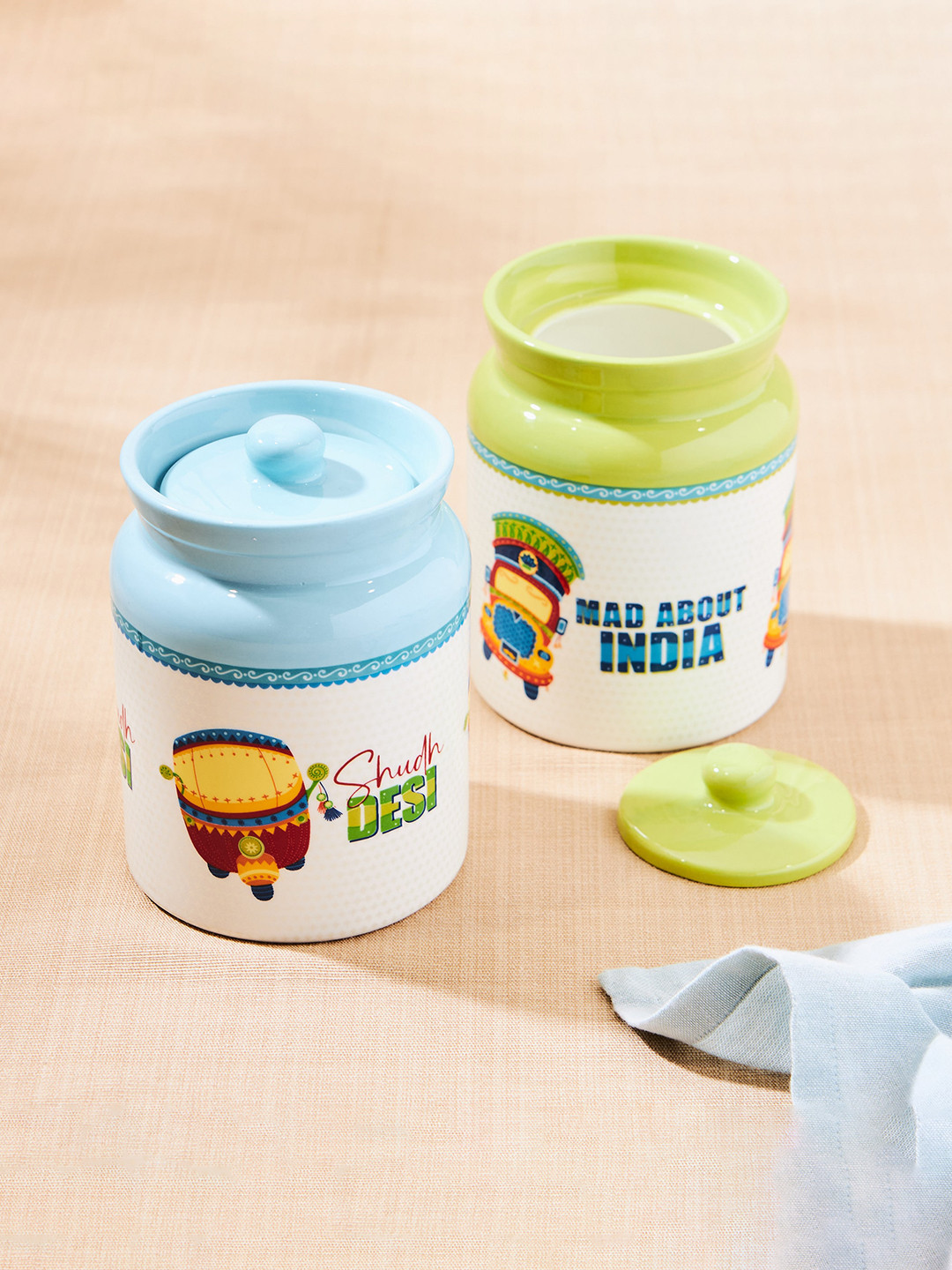 

Home Centre Luke Mad For India Blue 2 Pieces Bone China Printed Canisters 540 Ml Each