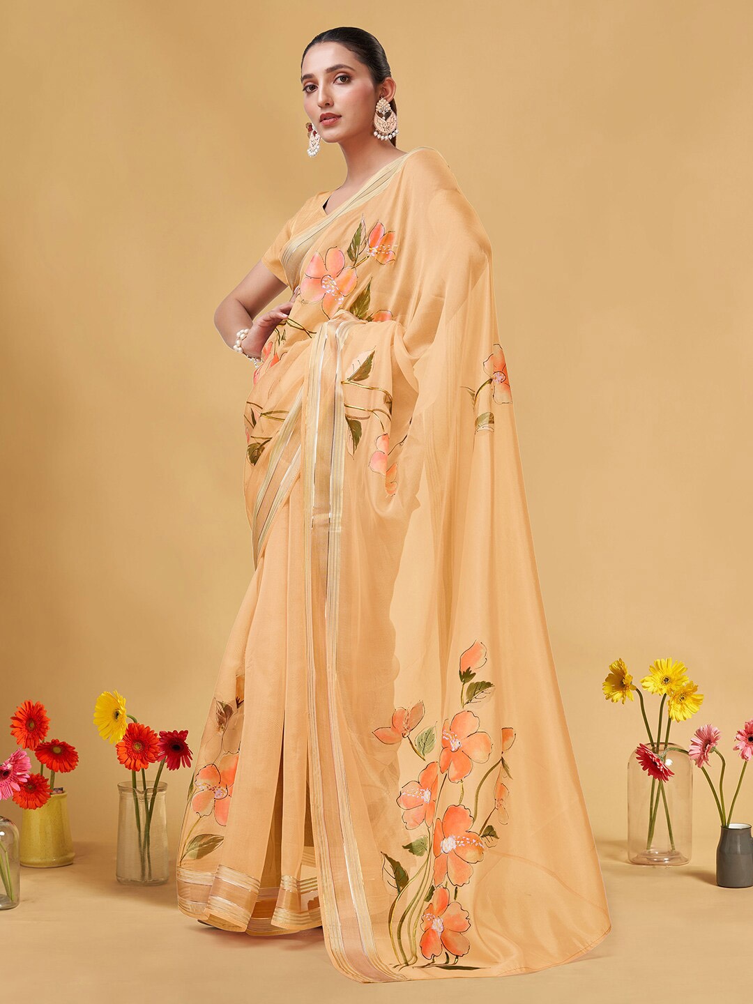 

Kasak Hand Painted Zari Organza Saree, Orange