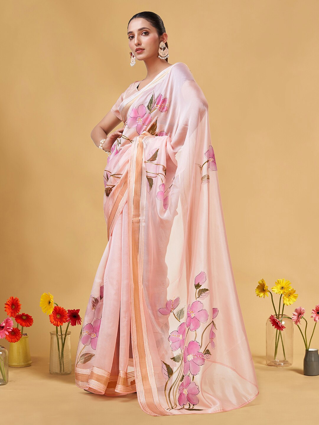 

Kasak Hand Painted Zari Organza Saree, Pink