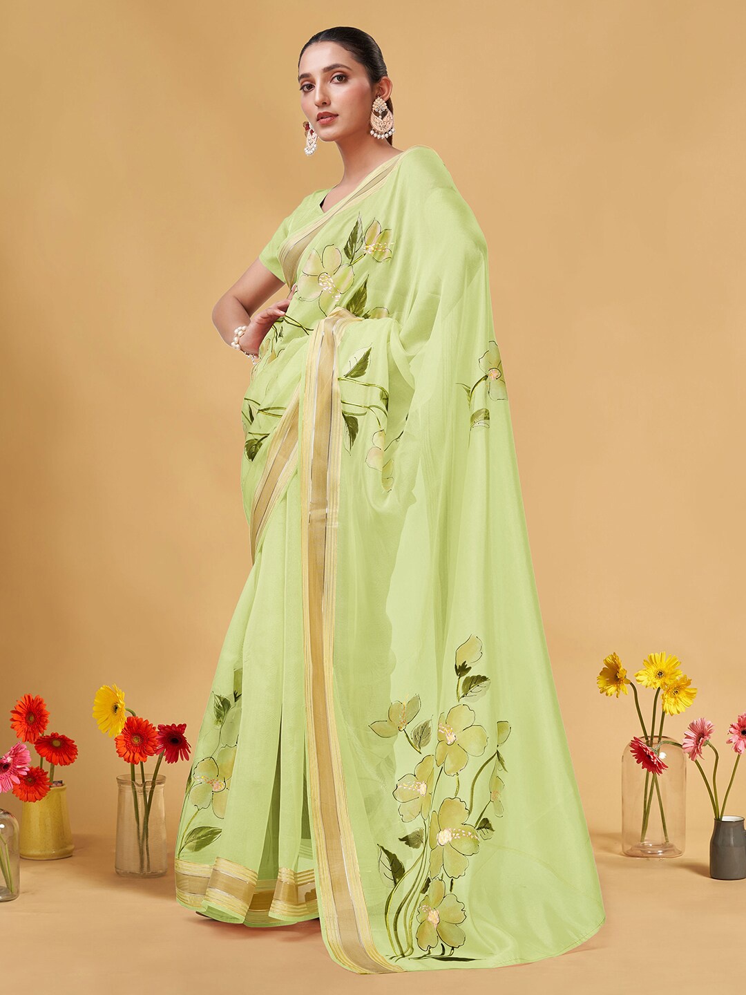

Kasak Hand Painted Zari Organza Saree, Green